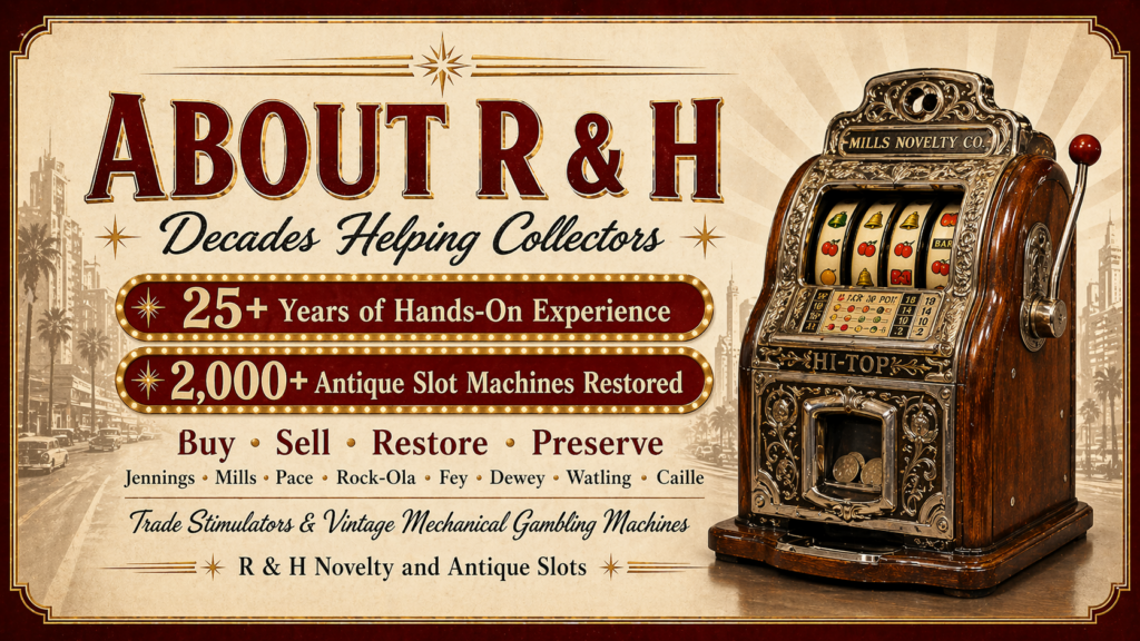 image with text saying R & H Novelty and Antique Slots has spent decades helping collectors buy, sell, restore, and preserve antique slot machines.